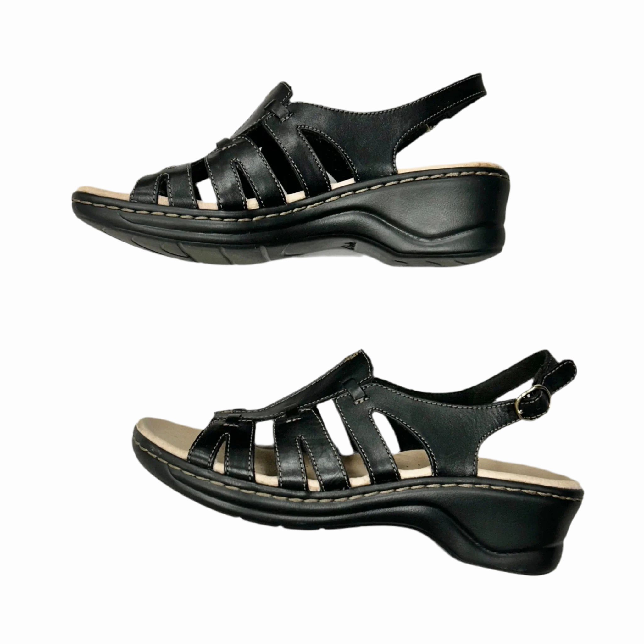 Sandals Heels Wedge By Clarks In Black, Size: 9.5 Leather Footwear