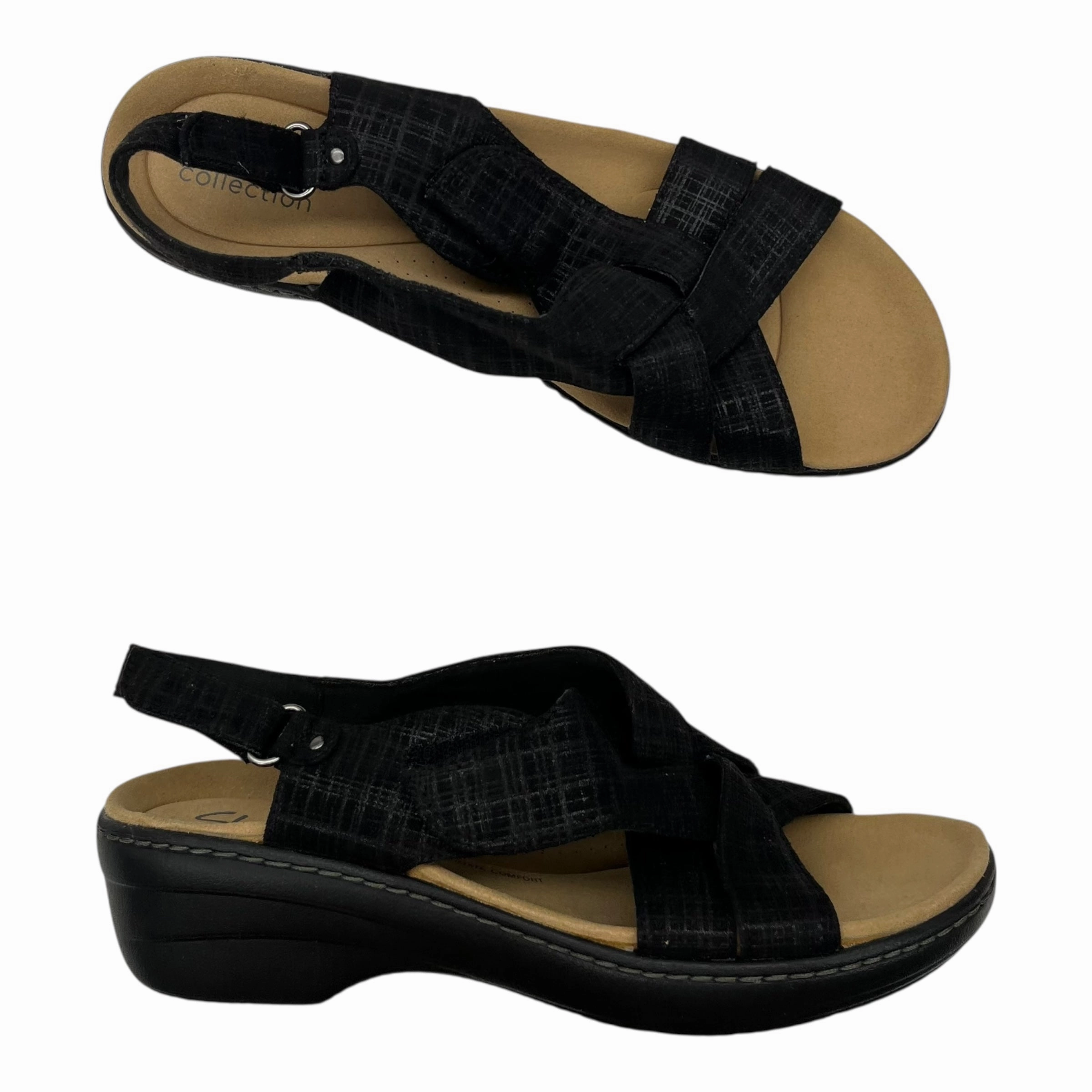 Sandals Heels Wedge By Clarks In Black, Size:9.5 Leather Footwear