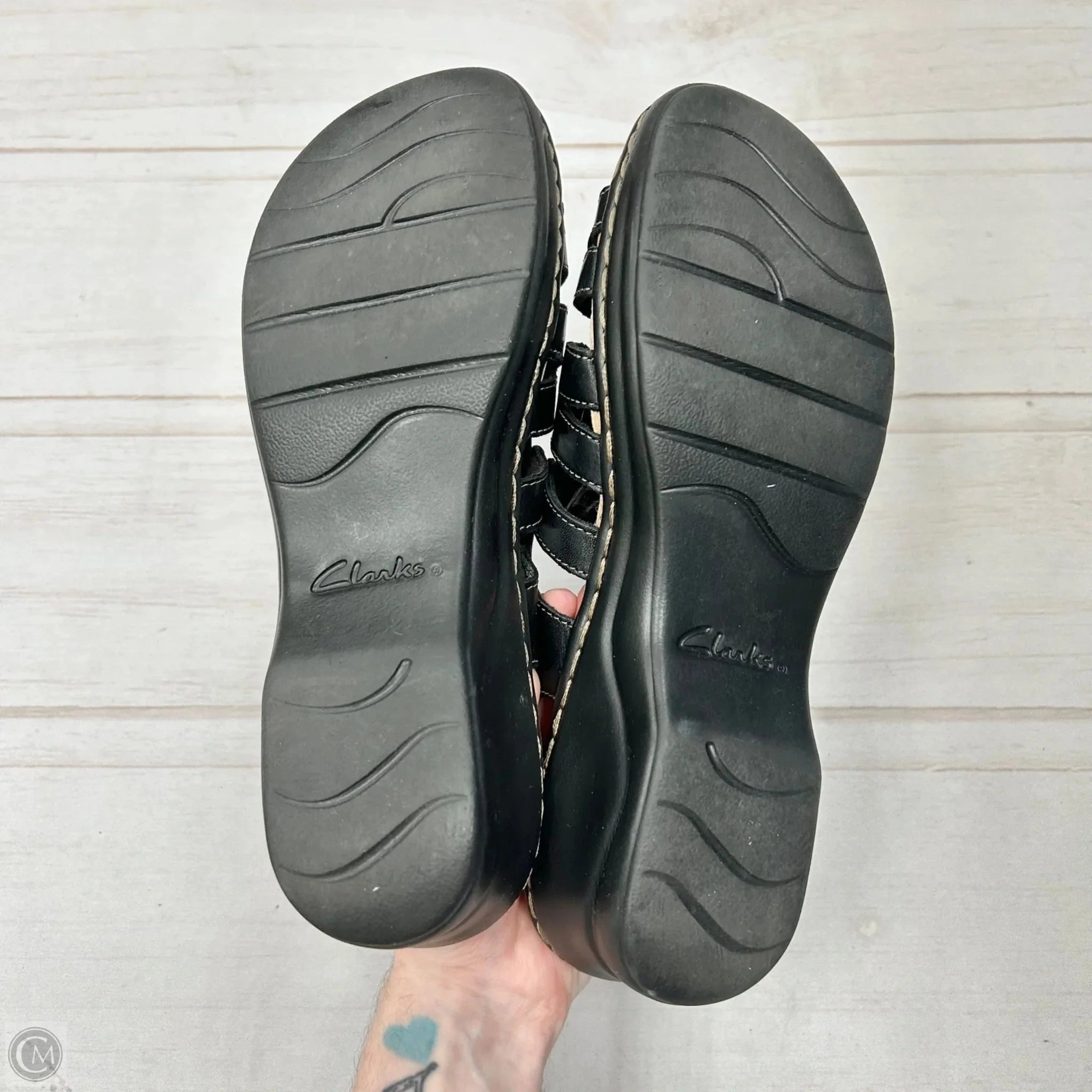 Sandals Heels Wedge By Clarks In Black, Size: 9.5 Leather Footwear