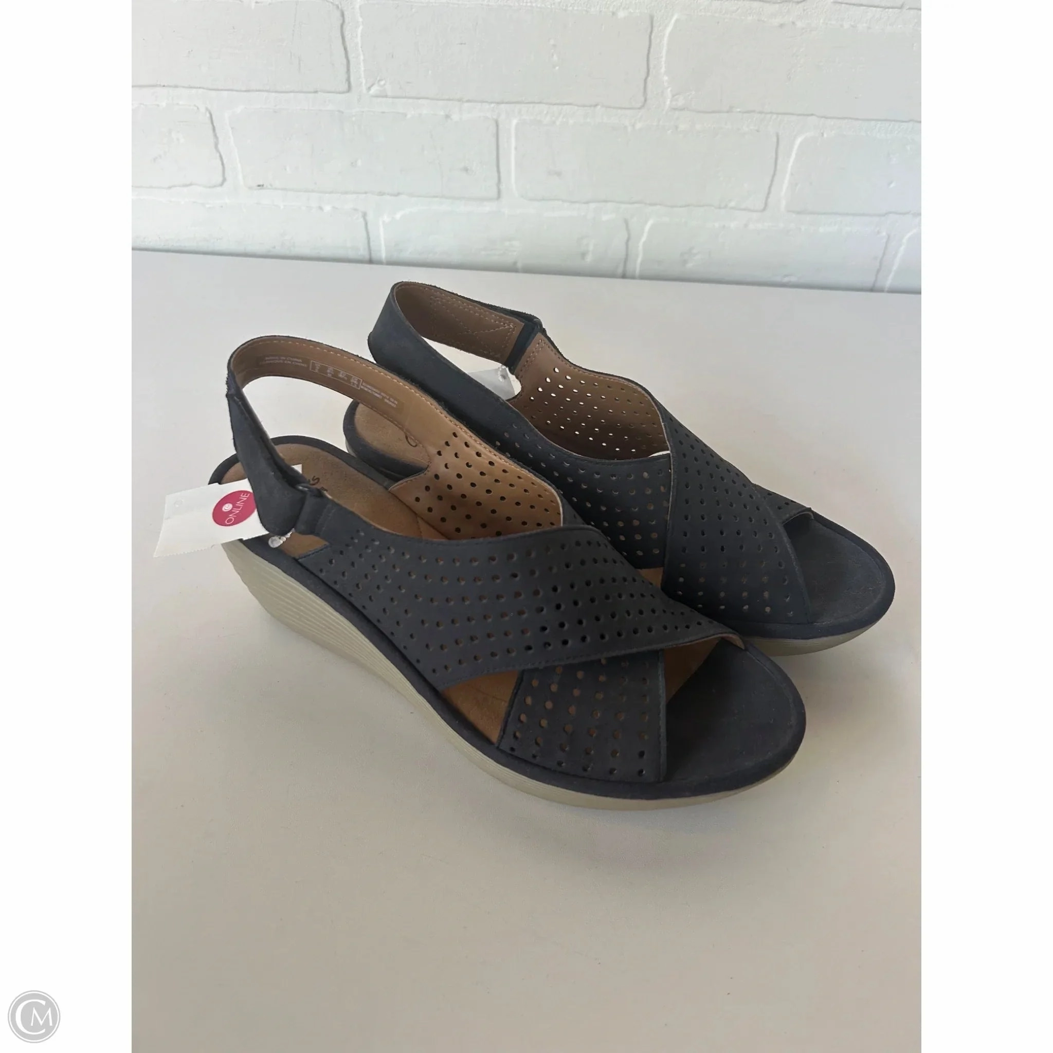 Sandals Heels Wedge By Clarks In Blue, Size: 8.5 Leather Footwear