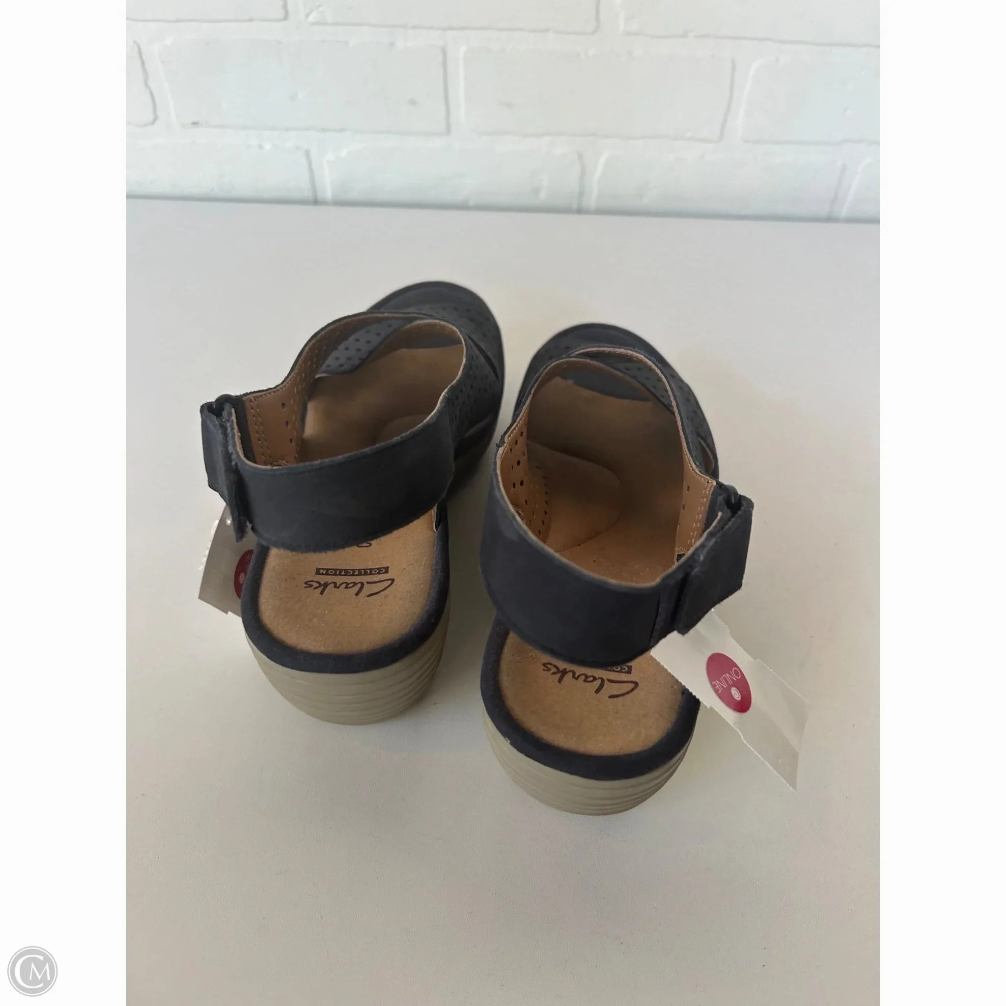 Sandals Heels Wedge By Clarks In Blue, Size: 8.5 Leather Footwear