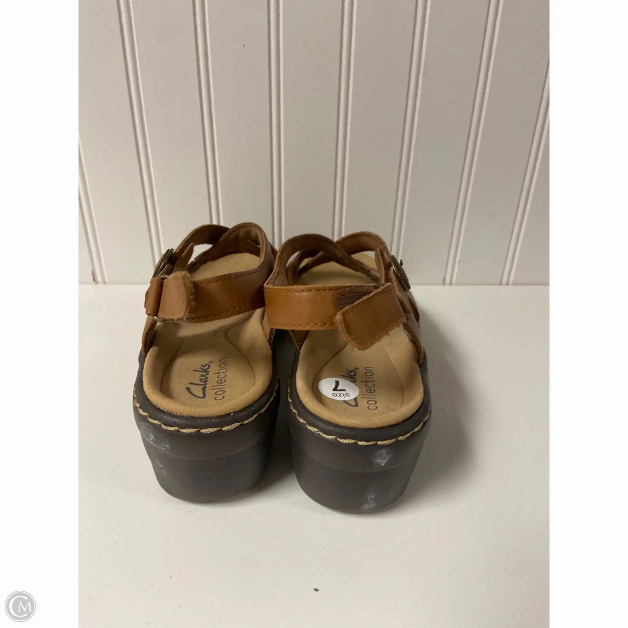 Sandals Heels Wedge By Clarks In Brown, Size: 7 Leather Footwear