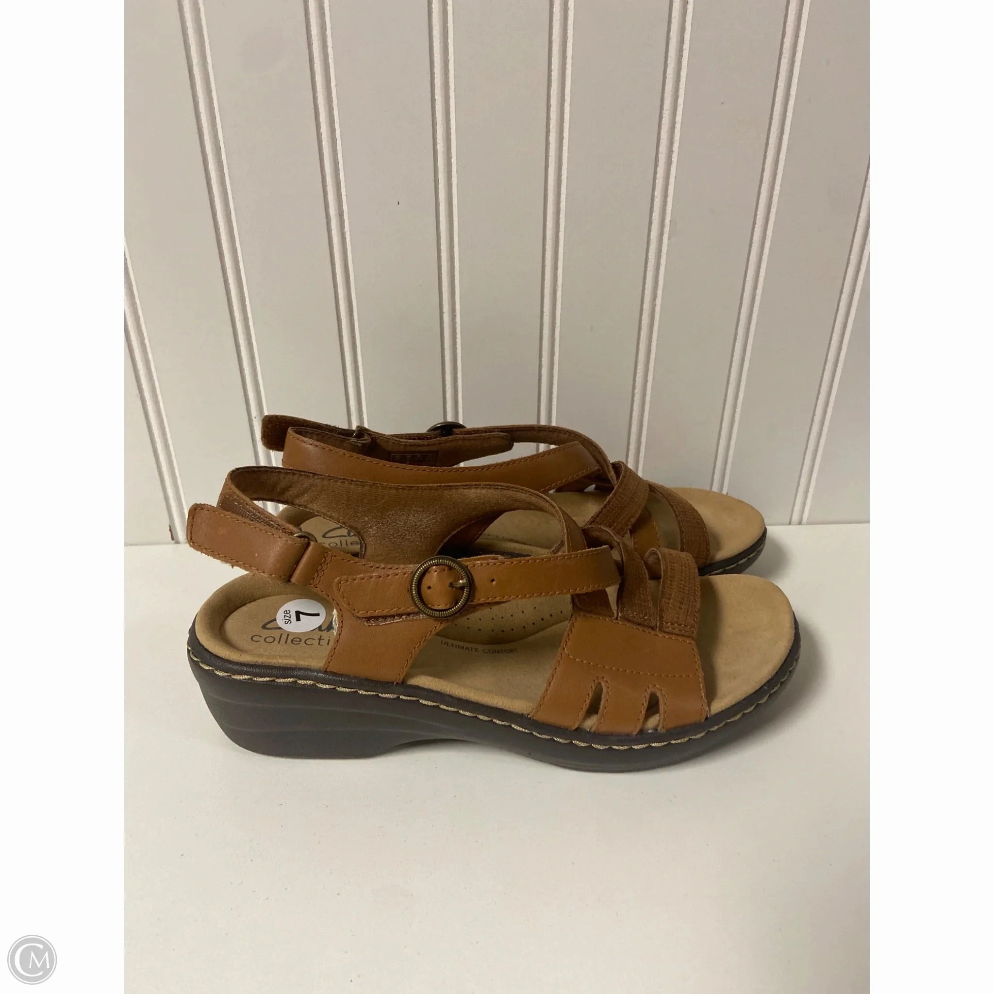 Sandals Heels Wedge By Clarks In Brown, Size: 7 Leather Footwear