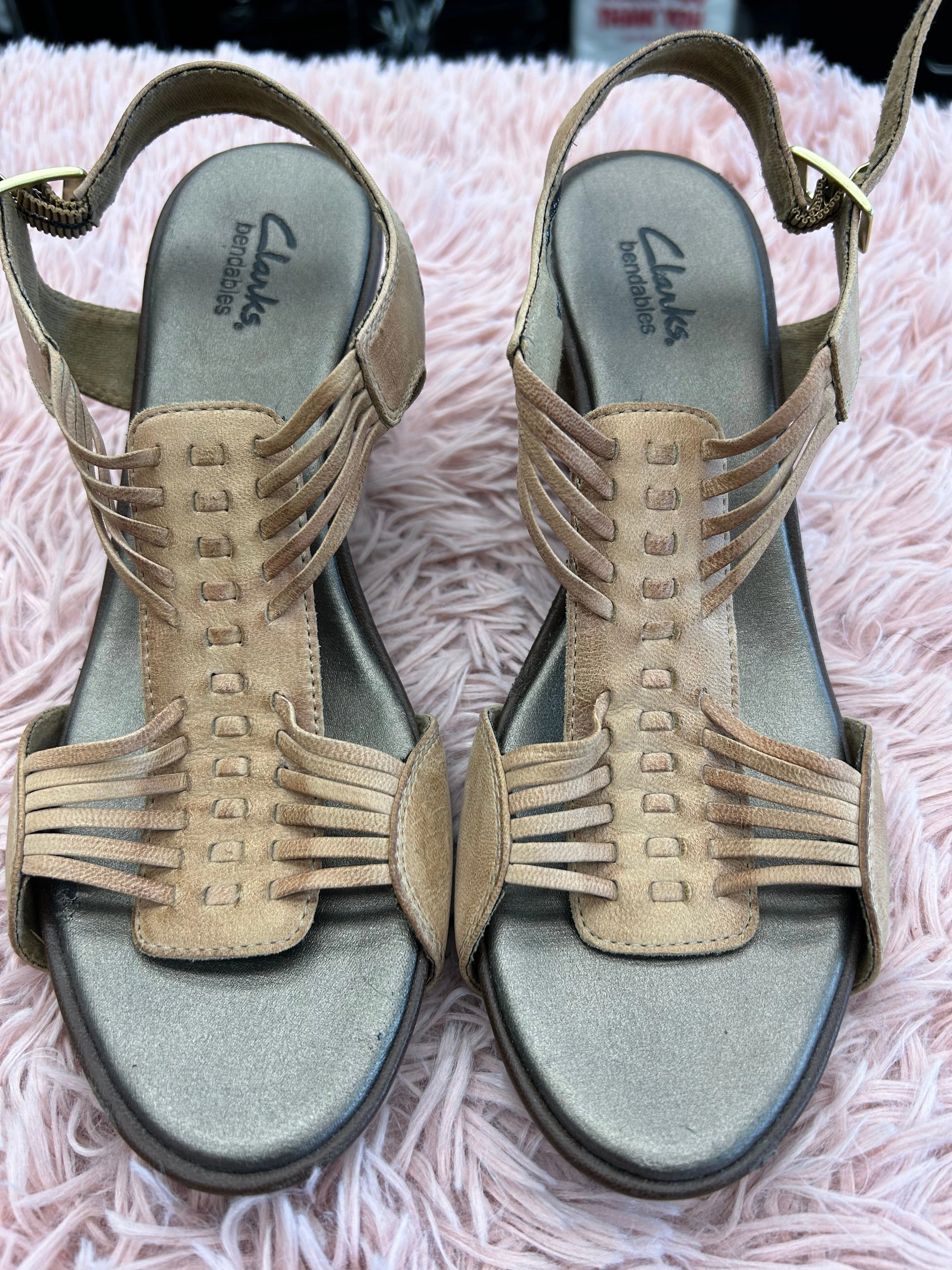 Sandals Heels Wedge By Clarks In Brown, Size: 8 Leather Footwear
