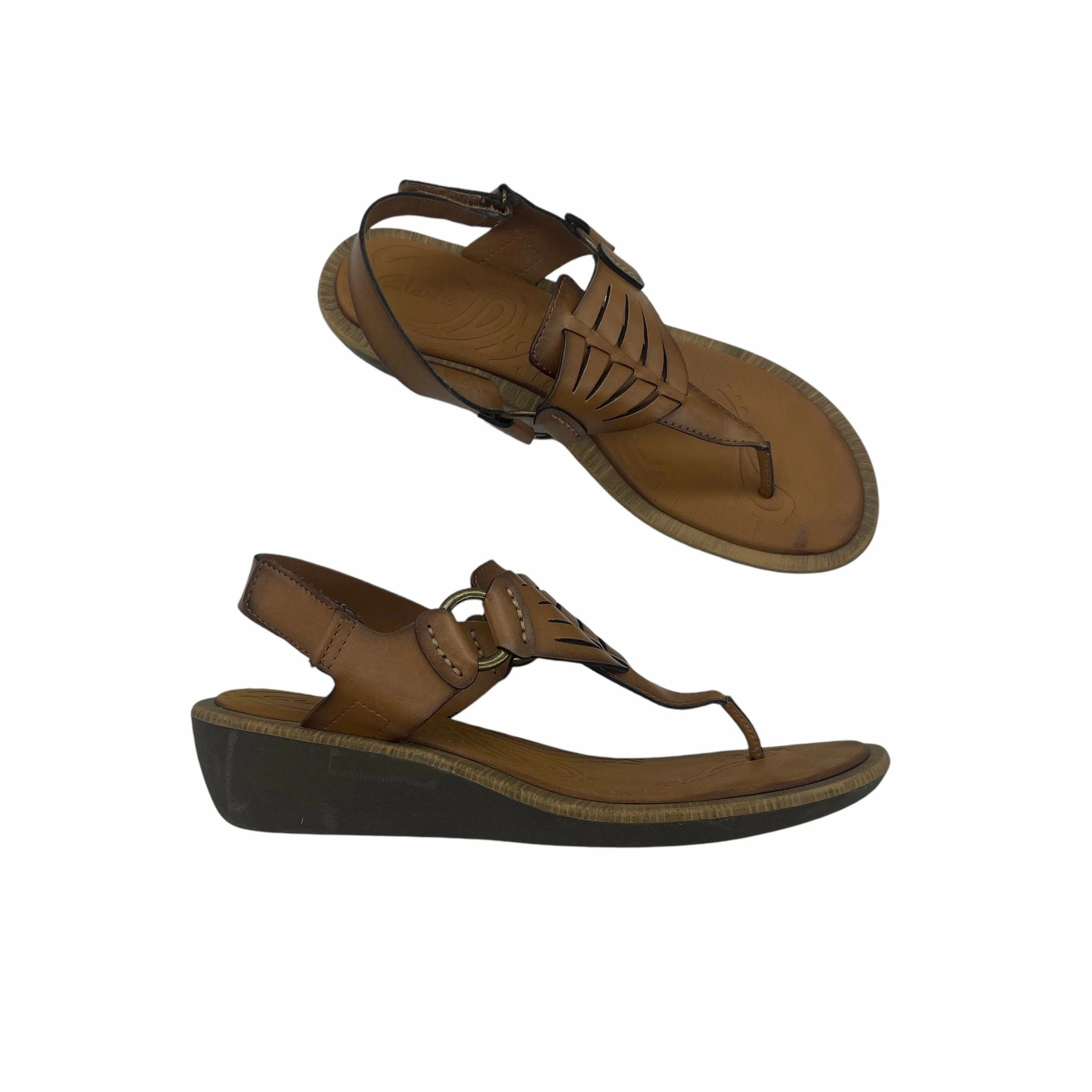 Sandals Heels Wedge By Clarks In Brown, Size:8 Leather Footwear