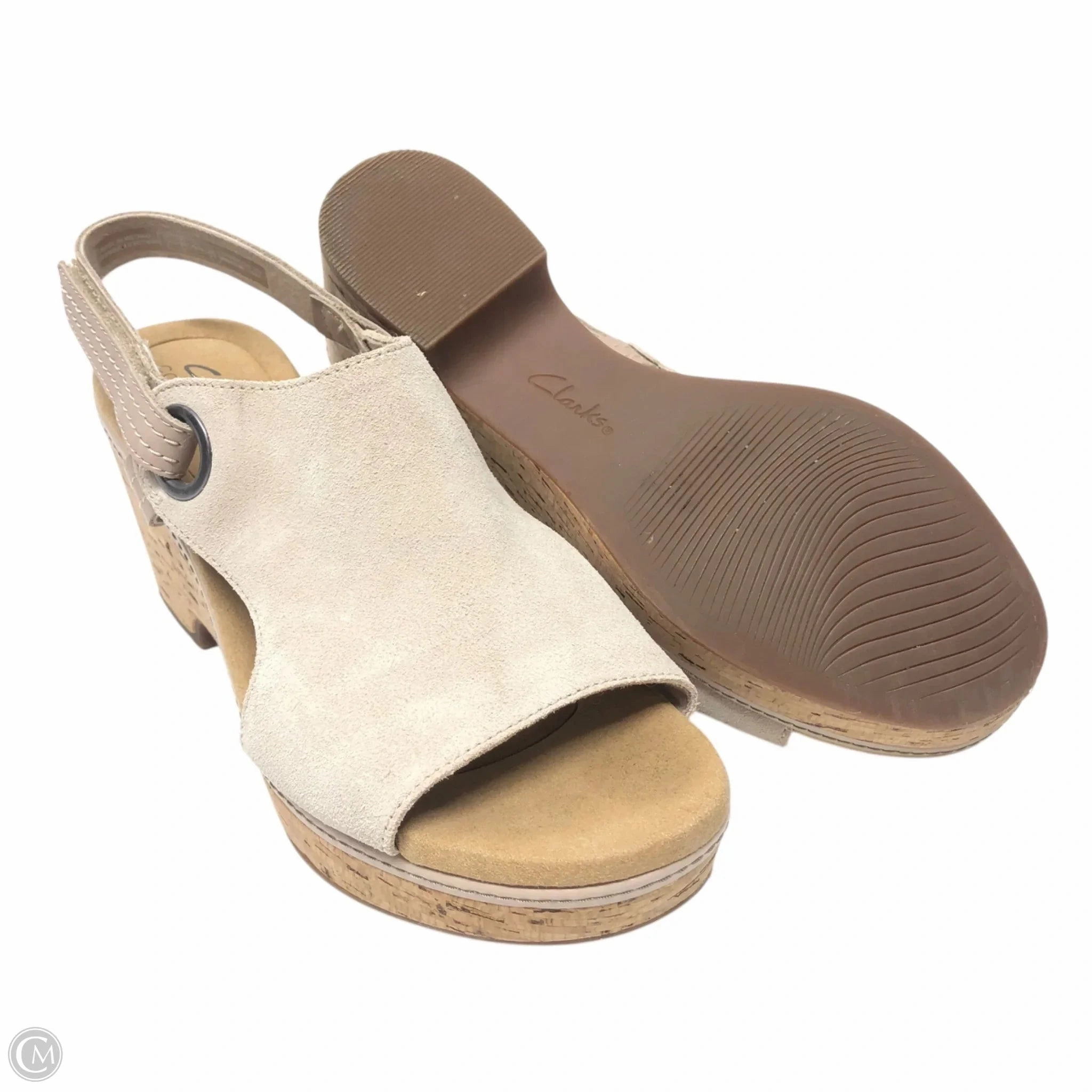 Sandals Heels Wedge By Clarks In Cream, Size: 10 Leather Footwear