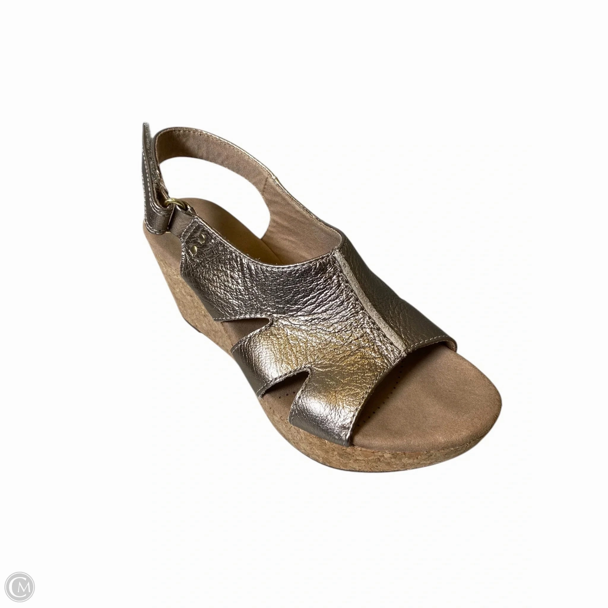 Sandals Heels Wedge By Clarks In Gold, Size: 7.5 Leather Footwear