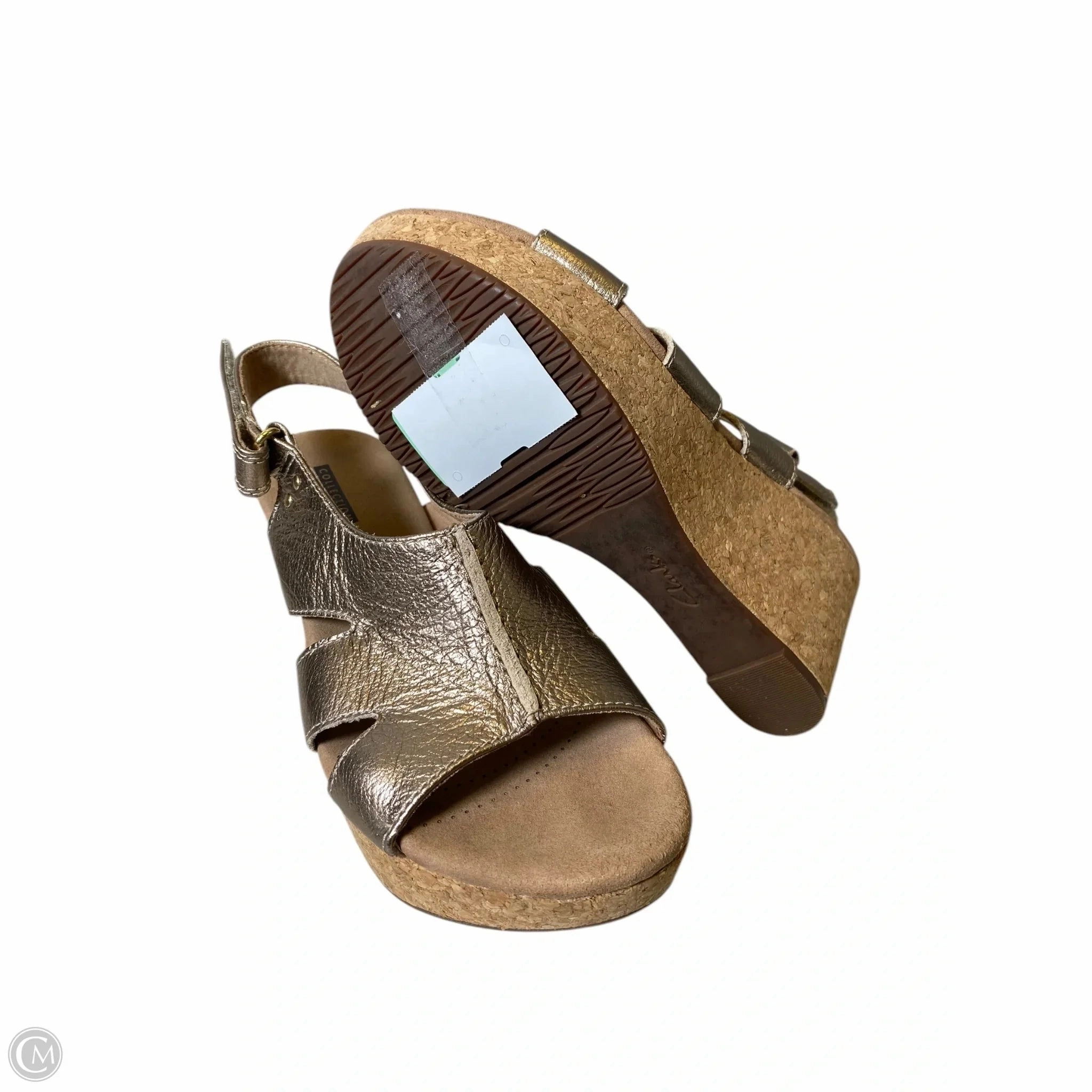 Sandals Heels Wedge By Clarks In Gold, Size: 7.5 Leather Footwear