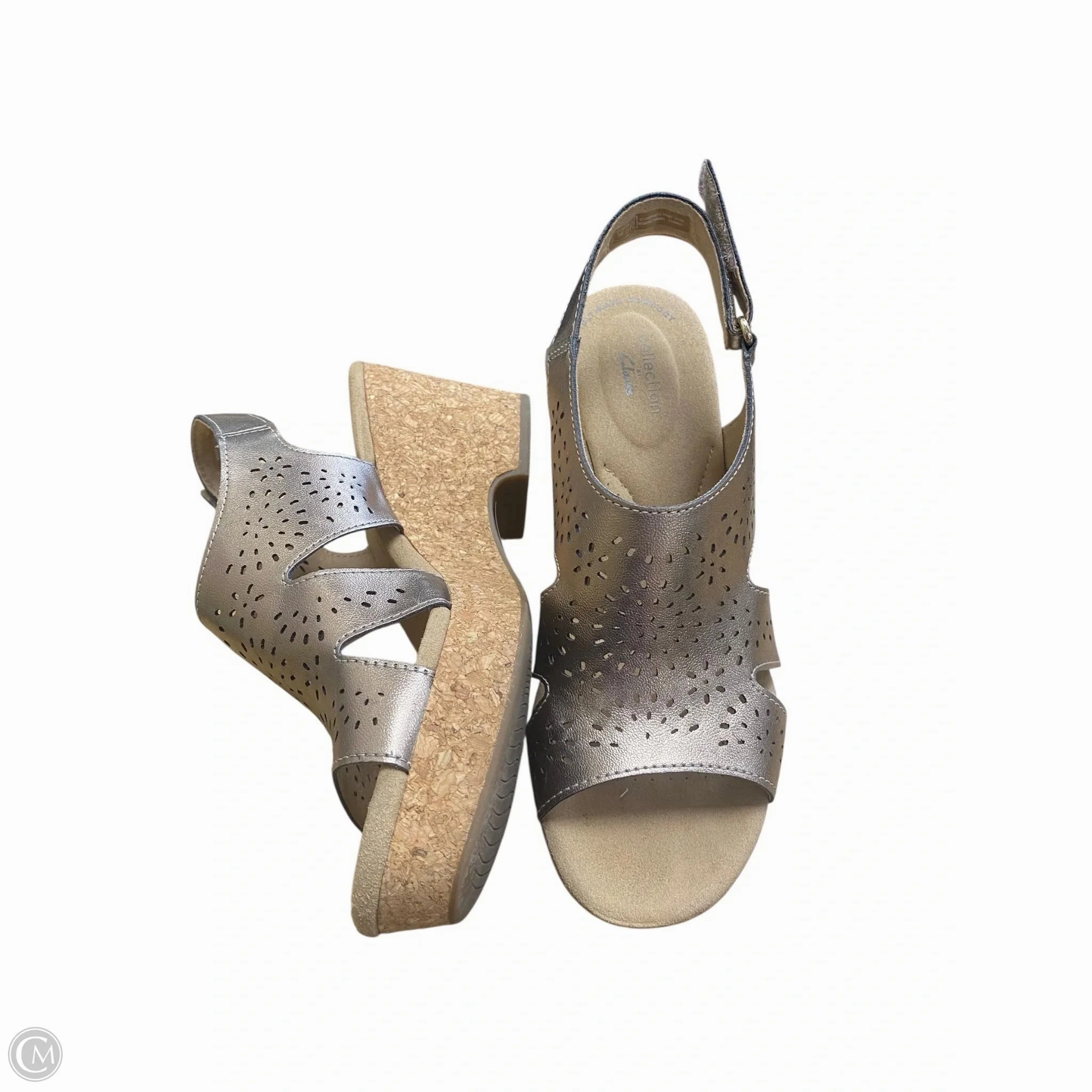 Sandals Heels Wedge By Clarks In Gold, Size: 8 Leather Footwear