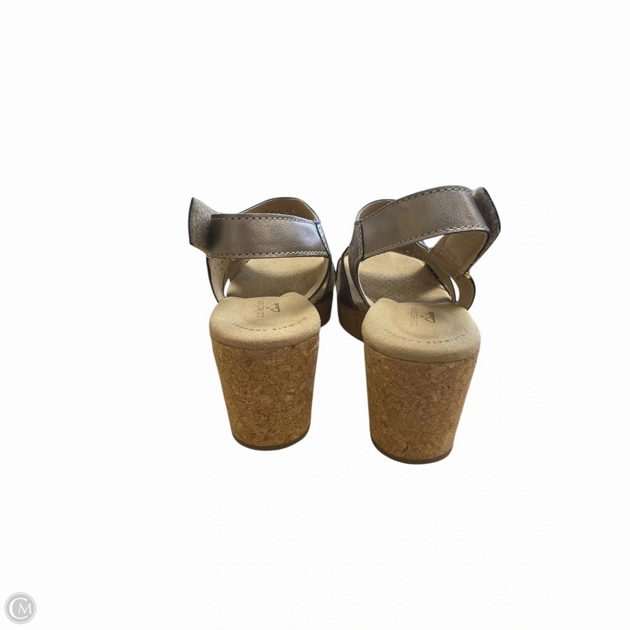 Sandals Heels Wedge By Clarks In Gold, Size: 8 Leather Footwear