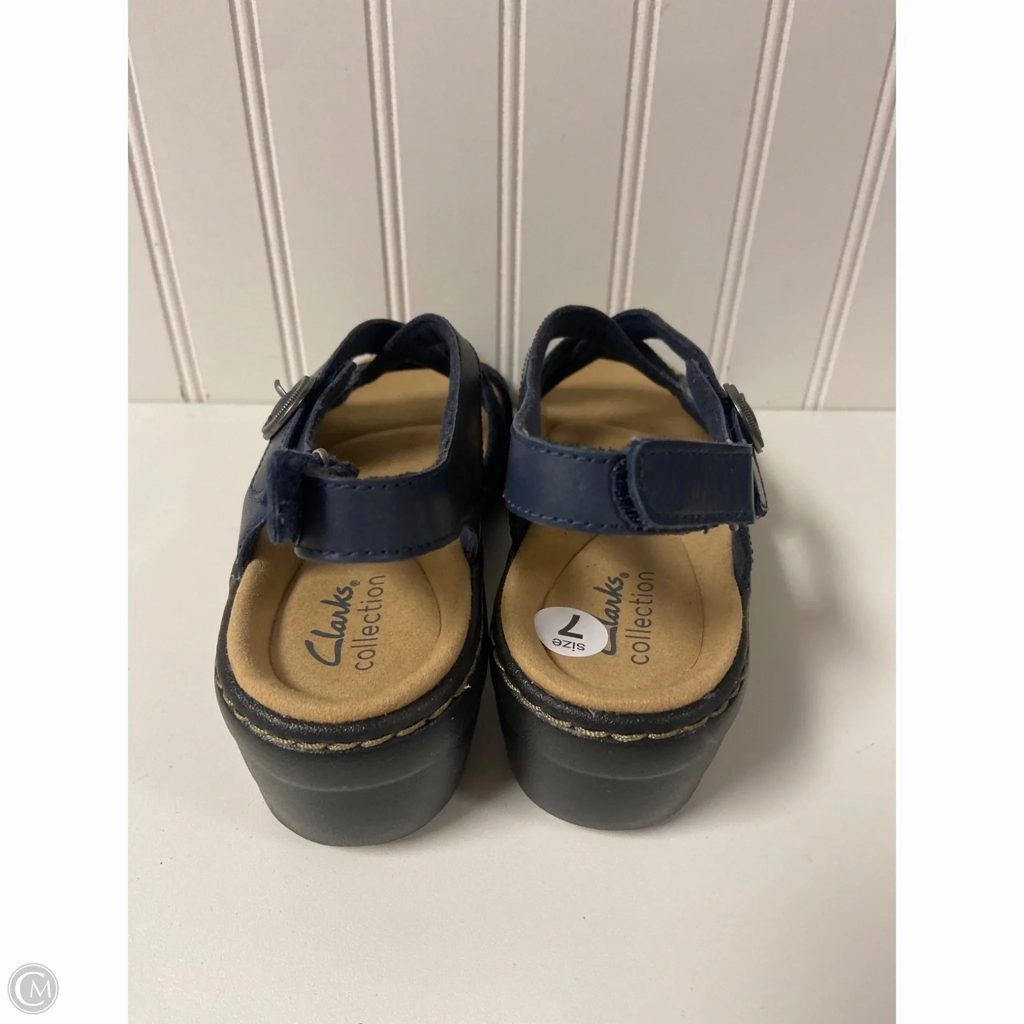 Sandals Heels Wedge By Clarks In Navy, Size: 7 Leather Footwear