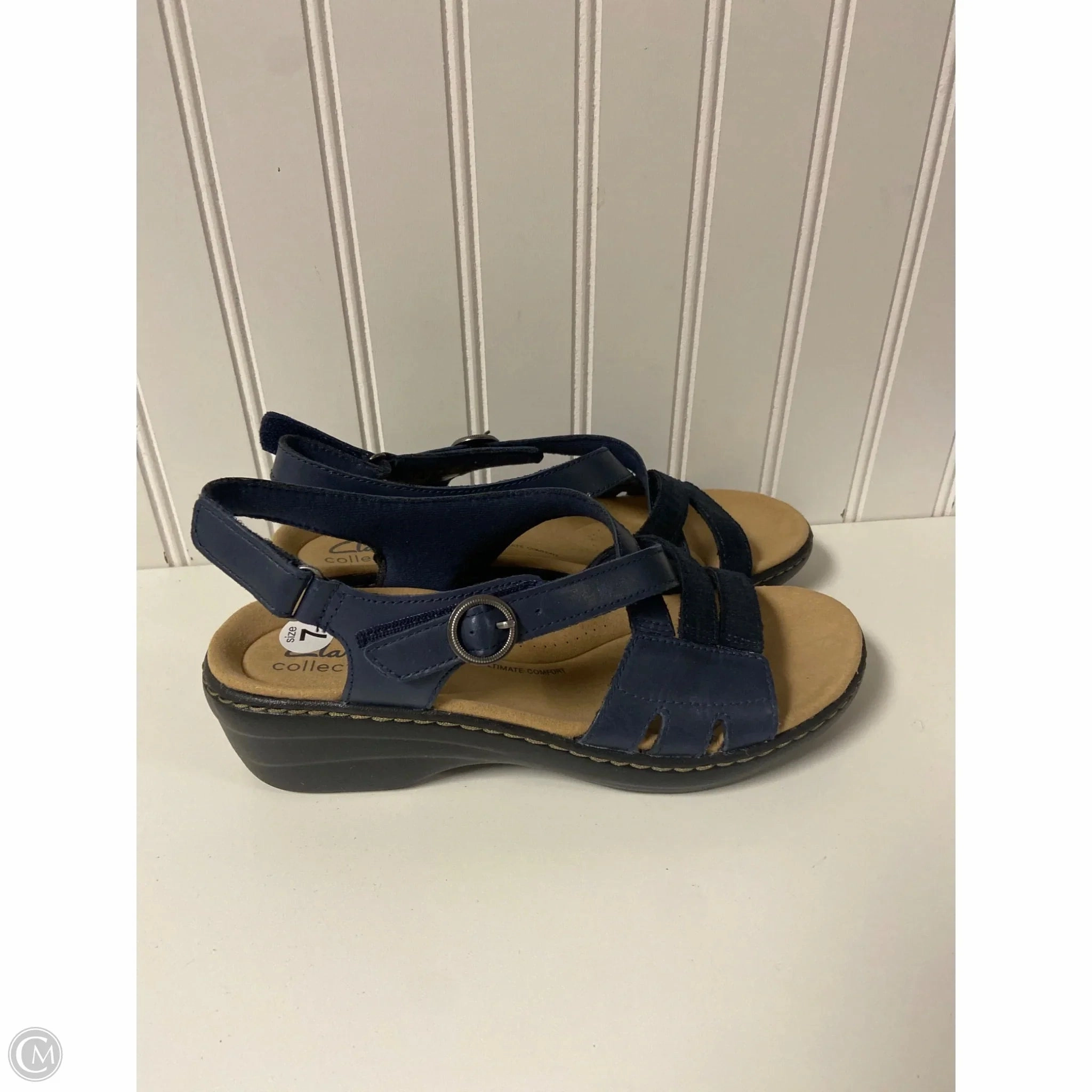 Sandals Heels Wedge By Clarks In Navy, Size: 7 Leather Footwear