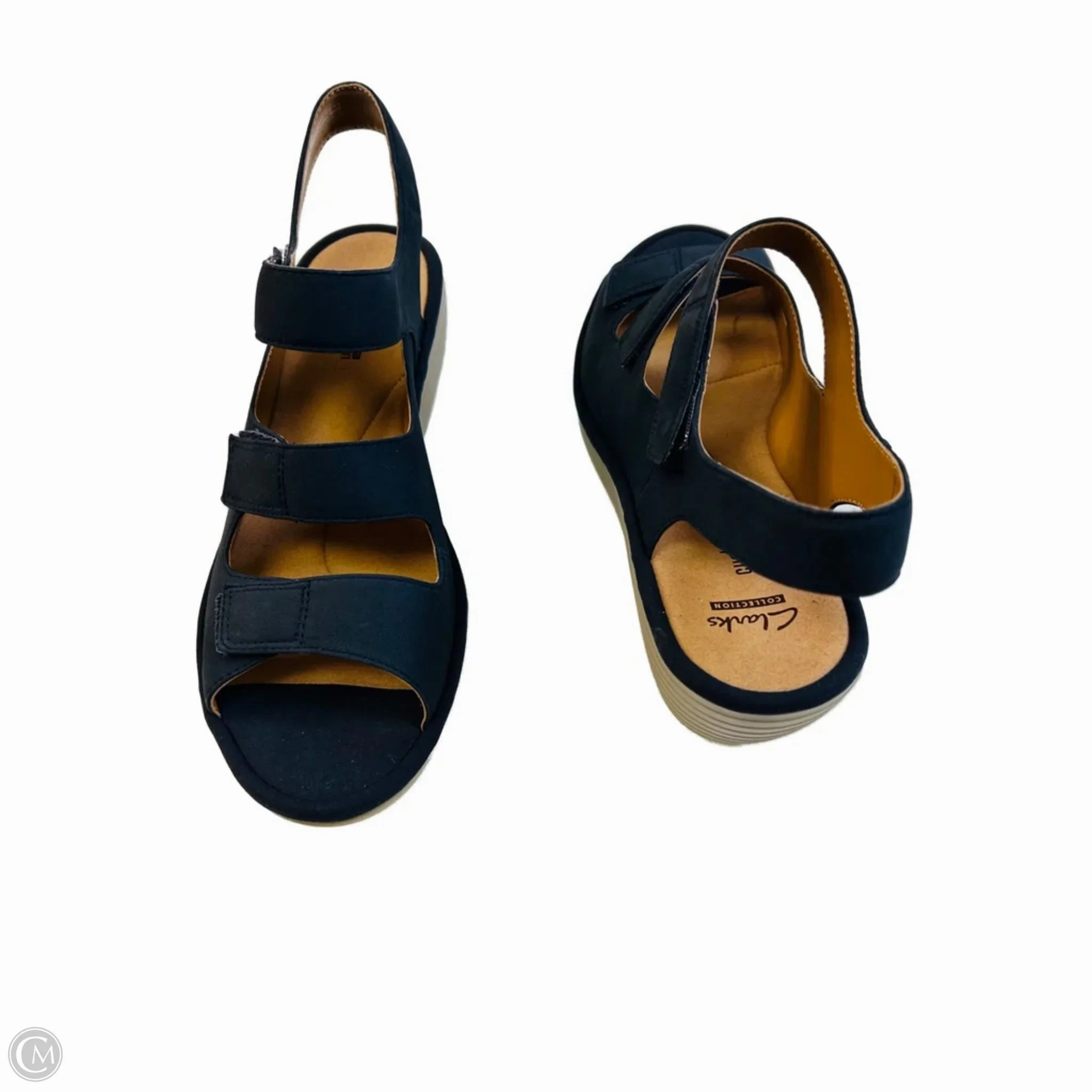 Sandals Heels Wedge By Clarks In Navy, Size: 9.5 Leather Footwear