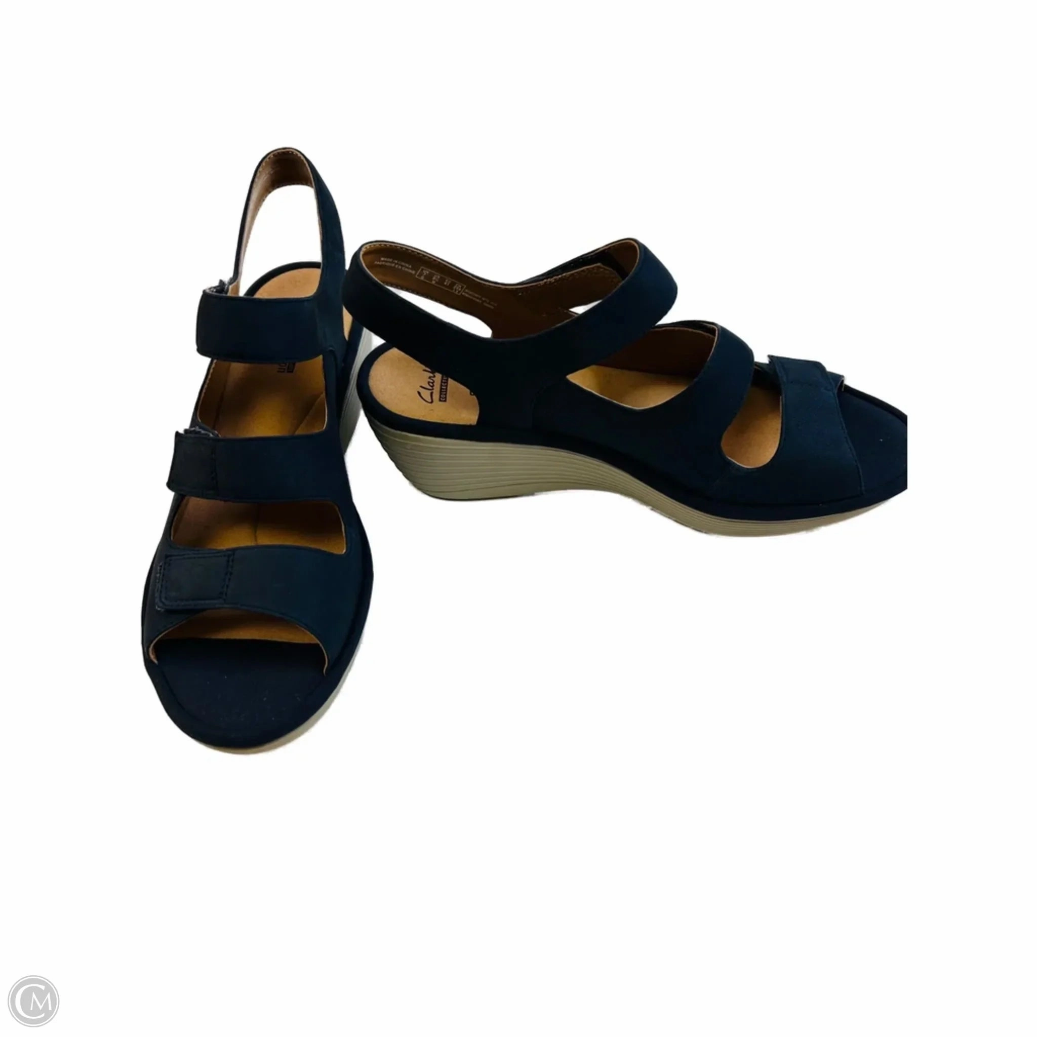Sandals Heels Wedge By Clarks In Navy, Size: 9.5 Leather Footwear