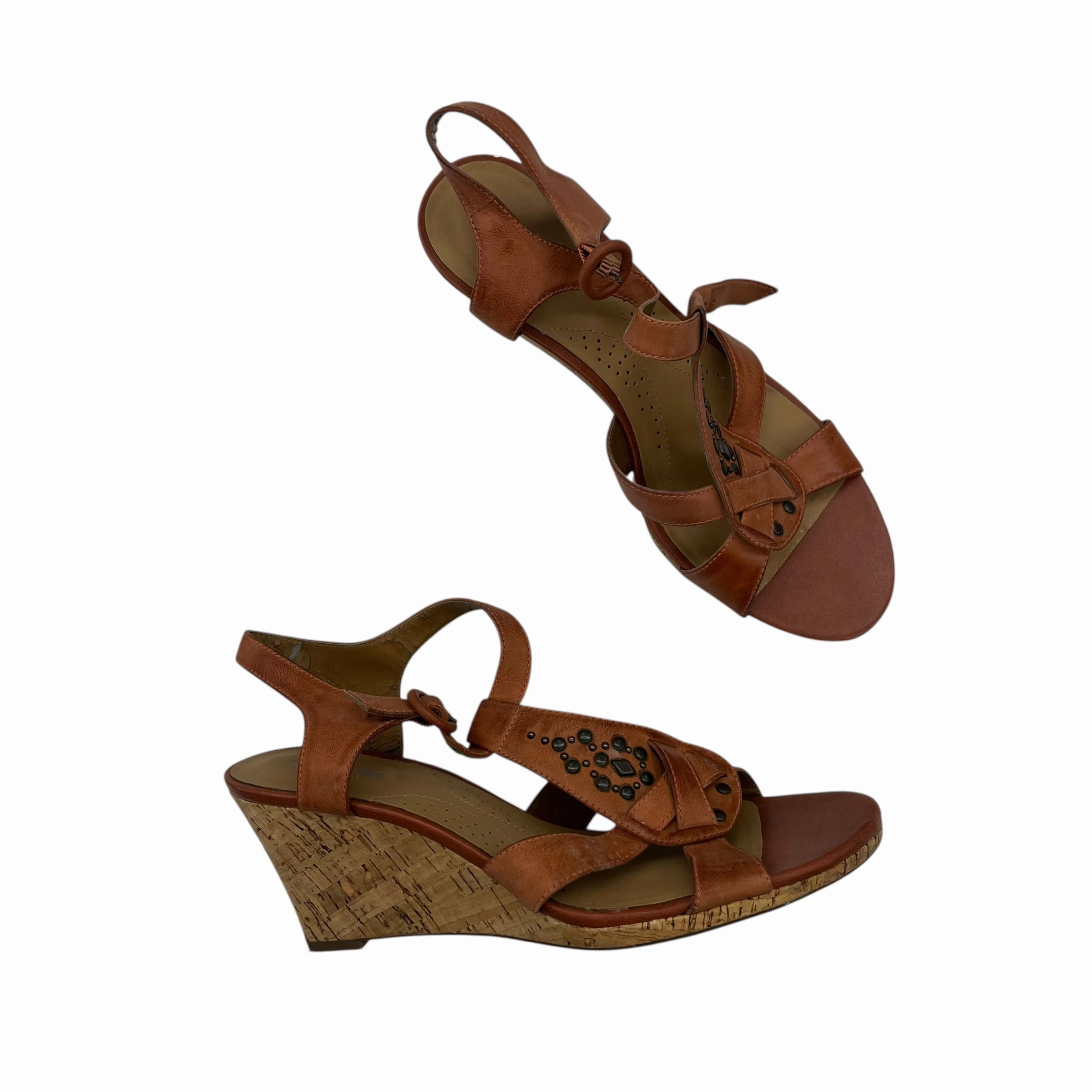 Sandals Heels Wedge By Clarks In Orange, Size:8 Leather Footwear