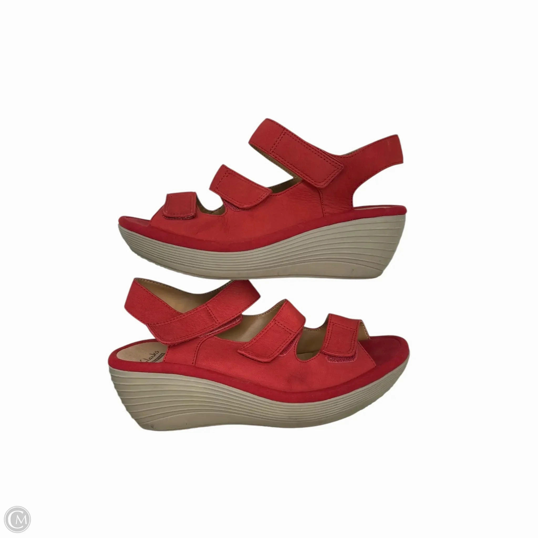 Sandals Heels Wedge By Clarks In Red, Size: 7 Leather Footwear