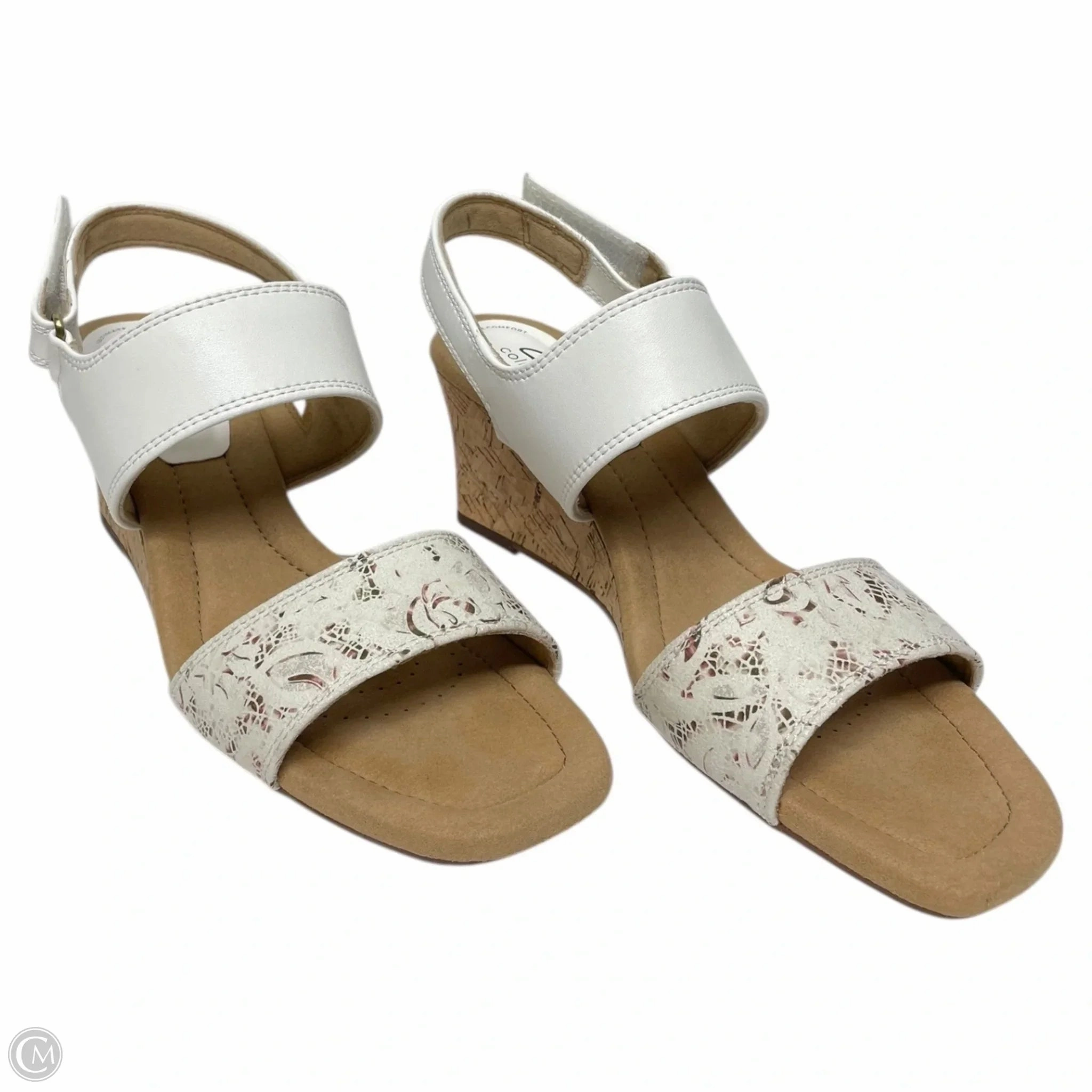 Sandals Heels Wedge By Clarks In Tan & White, Size: 8.5 Leather Footwear