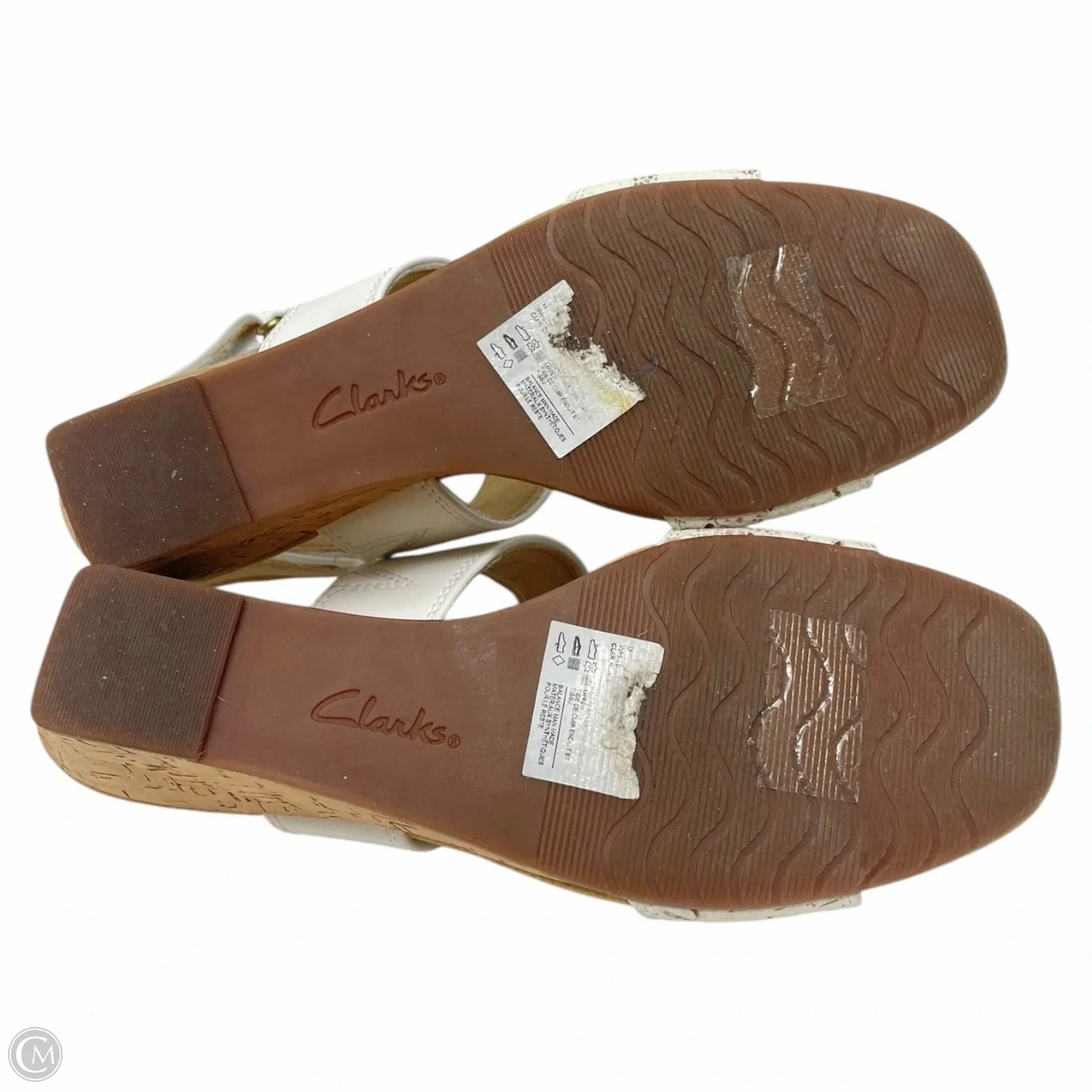 Sandals Heels Wedge By Clarks In Tan & White, Size: 8.5 Leather Footwear