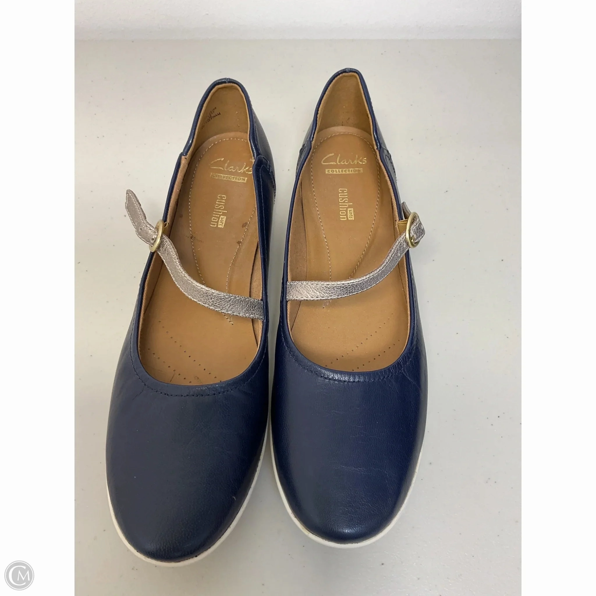 Shoes Flats By Clarks In Blue & Silver, Size: 11 Leather Footwear