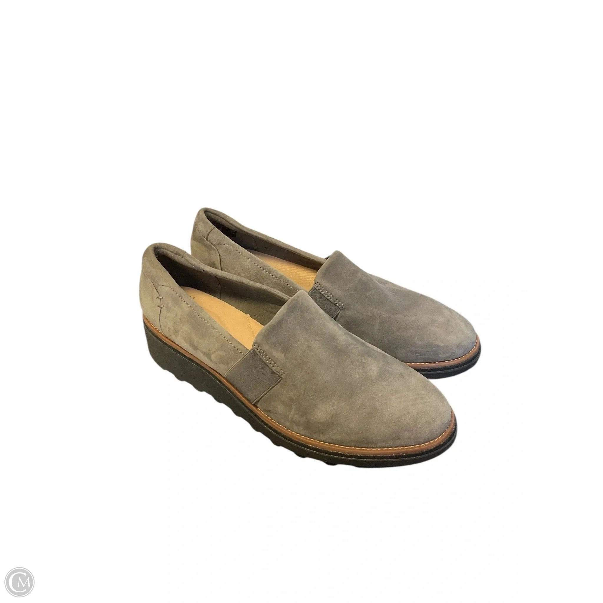 Shoes Heels Wedge By Clarks In Grey, Size: 9 Leather Footwear