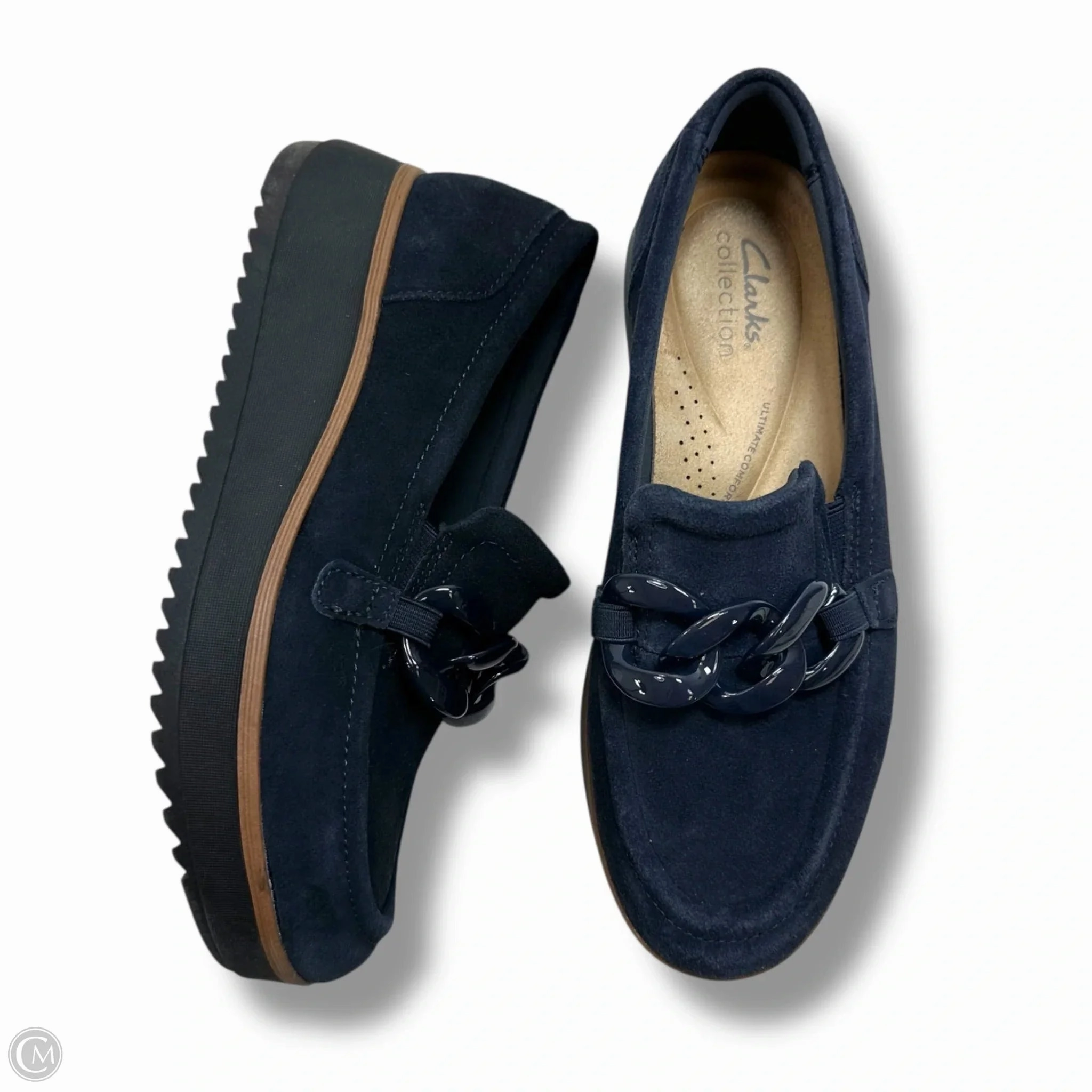 Shoes Heels Wedge By Clarks In Navy, Size: 7.5 Leather Footwear