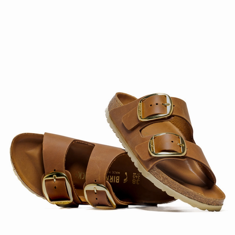 Women's Birkenstock Arizona Big Buckle Oiled Leather - Cognac Birdsoles eco-friendly shoe options