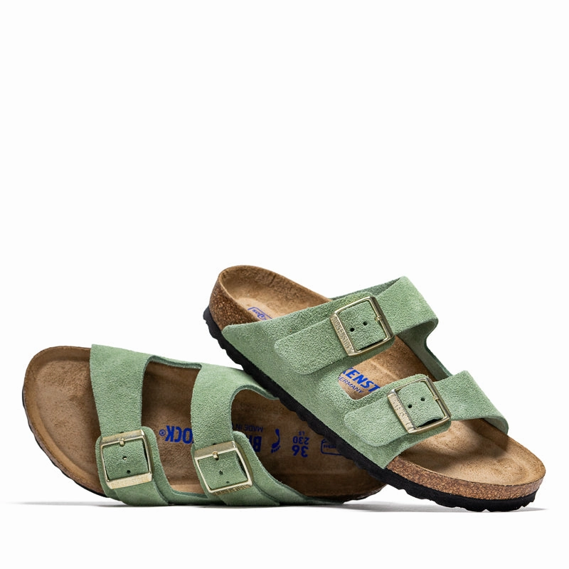 Women's Birkenstock Arizona Soft Footbed Suede - Green Tea Birdsoles eco-friendly shoe options