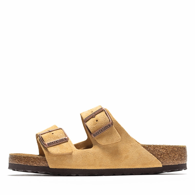Women's Birkenstock Arizona Suede - Latte Cream Birkenstock supportive sandals with cork footbed