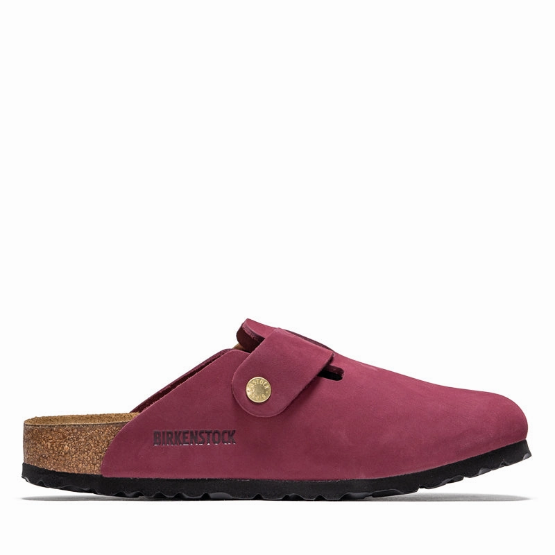 Women's Birkenstock Boston Big Buckle Nubuck - Berry Crush Birdsoles eco-friendly shoe options