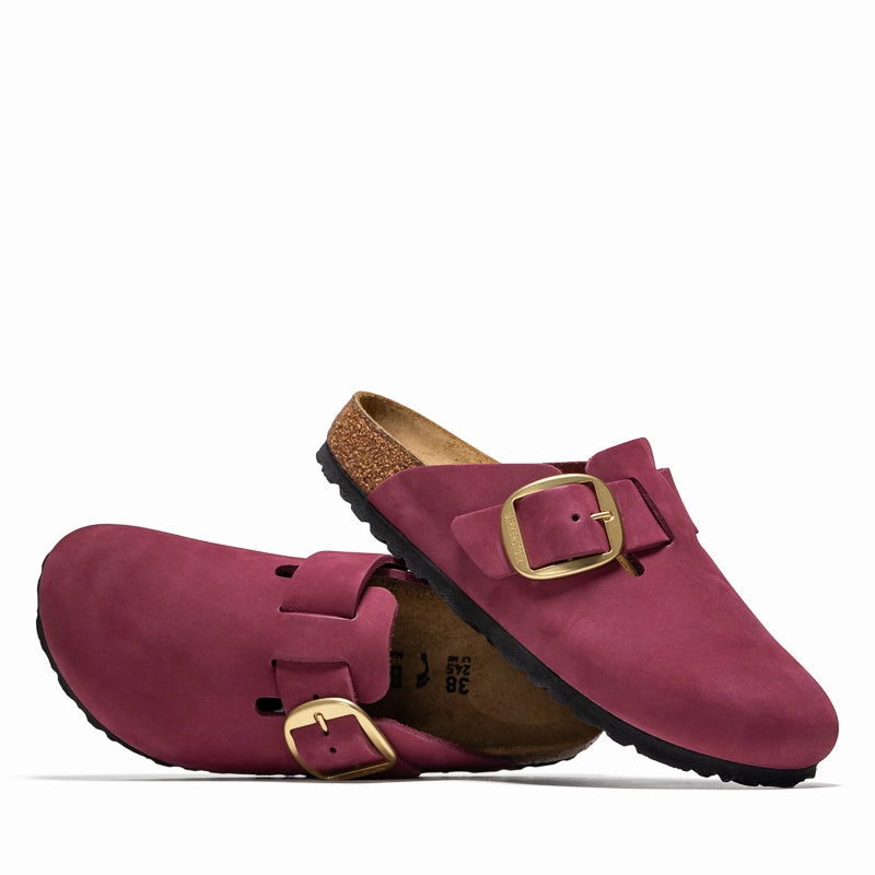 Women's Birkenstock Boston Big Buckle Nubuck - Berry Crush Birdsoles eco-friendly shoe options