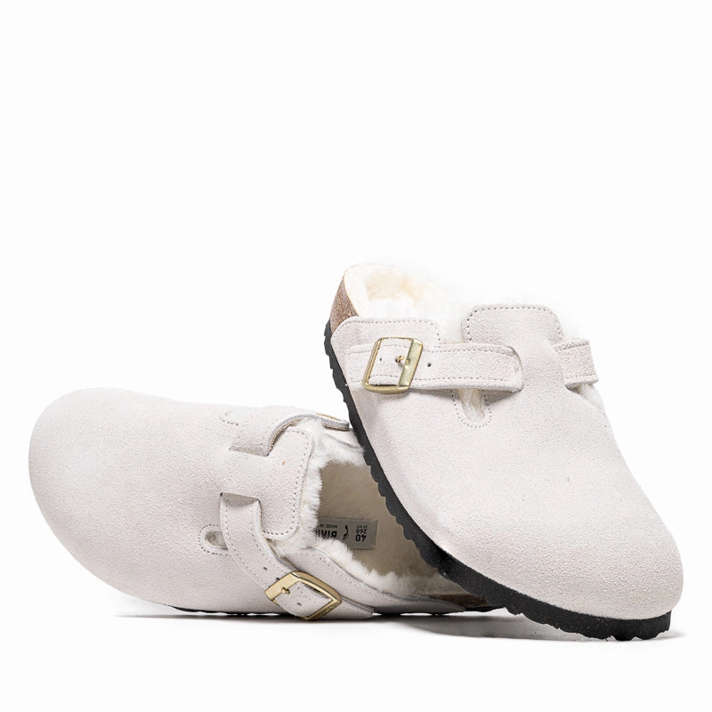 Women's Birkenstock Boston Shearling Suede - Antique White Birdsoles eco-friendly shoe options
