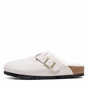 Women's Birkenstock Boston Shearling Suede - Antique White Birkenstock supportive sandals with cork footbed