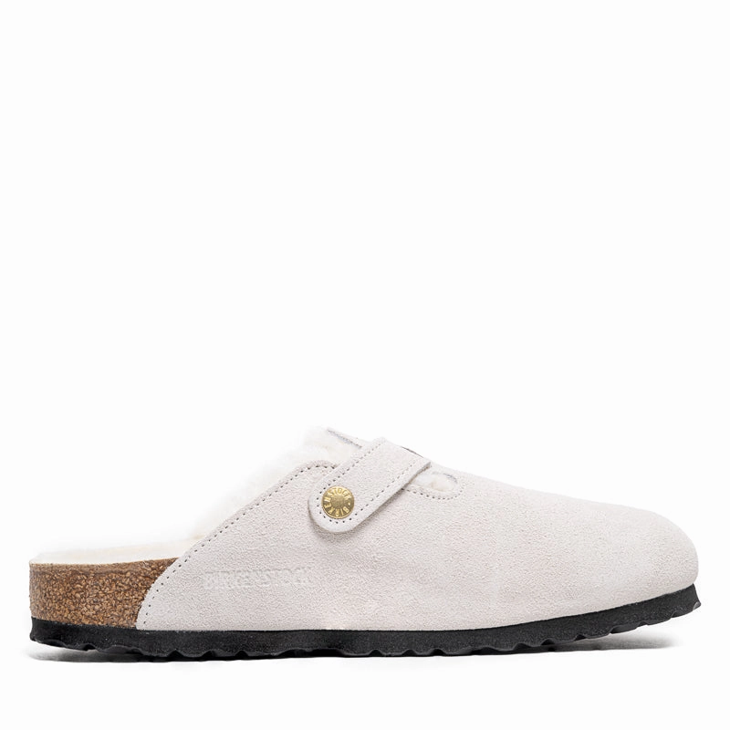 Women's Birkenstock Boston Shearling Suede - Antique White Birdsoles eco-friendly shoe options