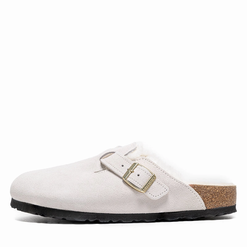 Women's Birkenstock Boston Shearling Suede - Antique White Birkenstock supportive sandals with cork footbed