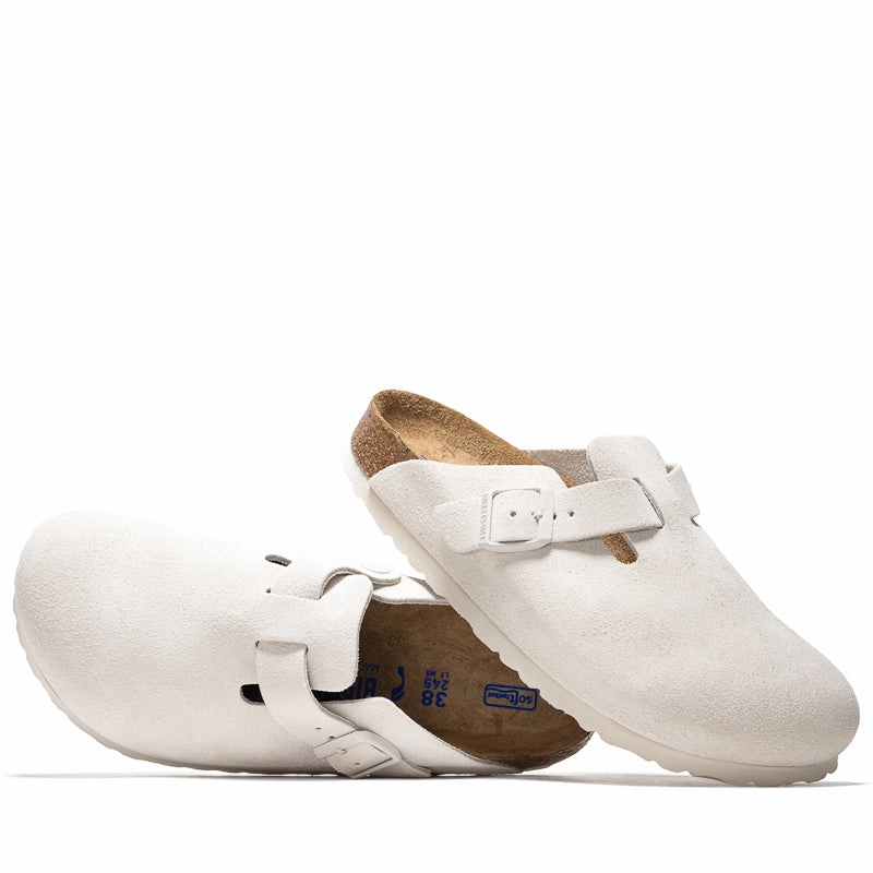 Women's Birkenstock Boston Soft Footbed Suede - Antique White Birdsoles eco-friendly shoe options