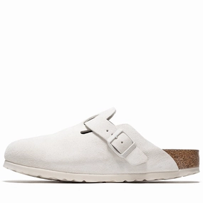 Women's Birkenstock Boston Soft Footbed Suede - Antique White Birkenstock supportive sandals with cork footbed