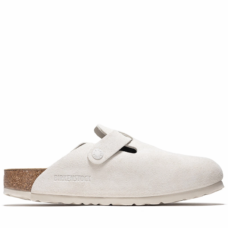 Women's Birkenstock Boston Soft Footbed Suede - Antique White Birdsoles eco-friendly shoe options