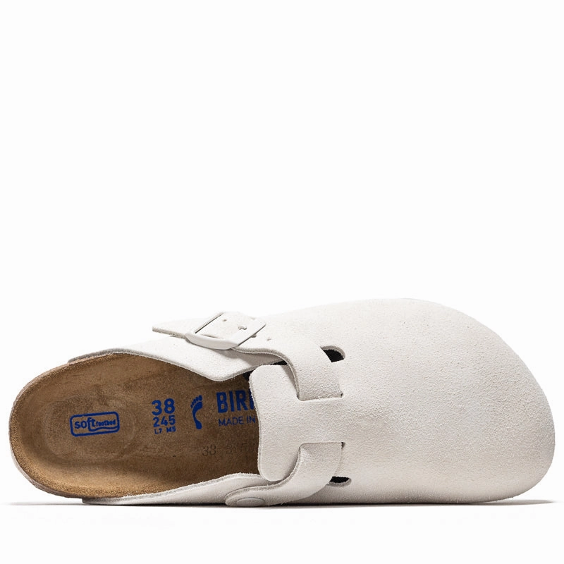 Women's Birkenstock Boston Soft Footbed Suede - Antique White Birdsoles eco-friendly shoe options
